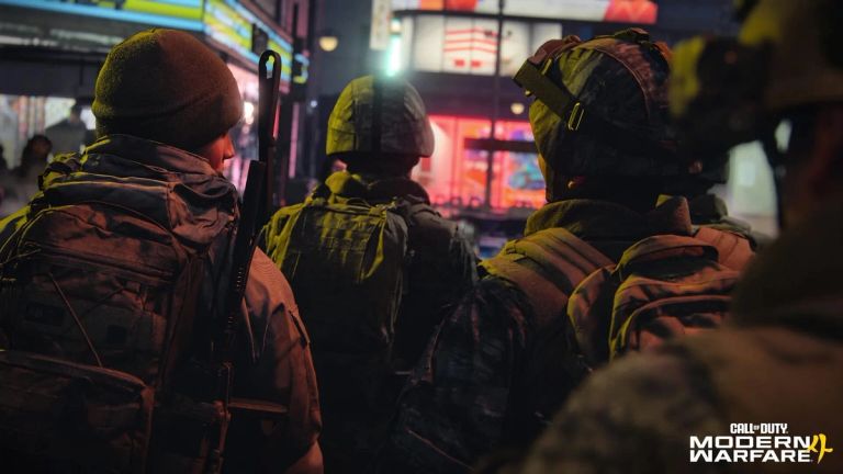 Call of Duty: Modern Warfare 4 — three soldiers move through a neon-lit street at night.