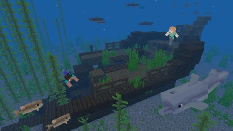 Minecraft: Characters swim near a plant-covered shipwreck with fish and a dolphin.