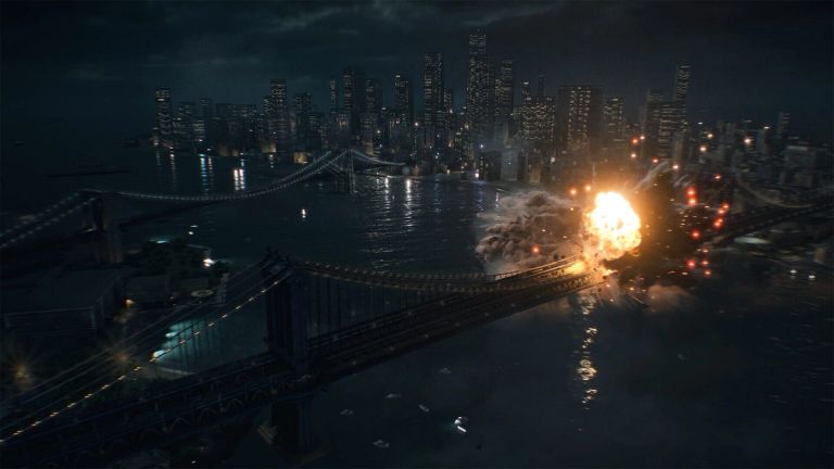 Battlefield 6: A bridge explodes over dark water at night, with an illuminated city skyline in the background.