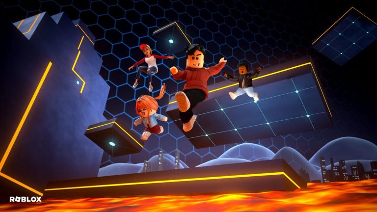 Roblox characters jump between raised platforms over lava inside a dark obstacle course.