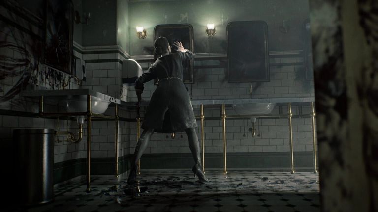 Resident Evil Requiem: A woman reaches toward a mirror in a blood-stained bathroom.