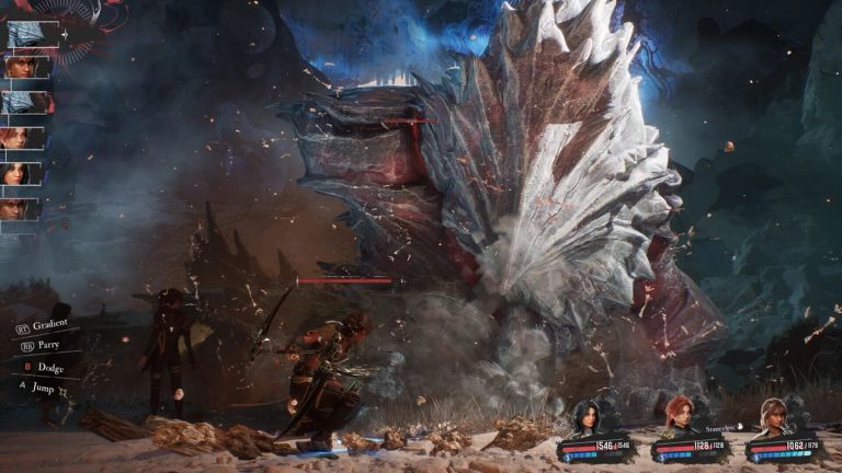 Clair Obscur: Expedition 33 — Three fighters face a huge white-spiked creature during a battle.