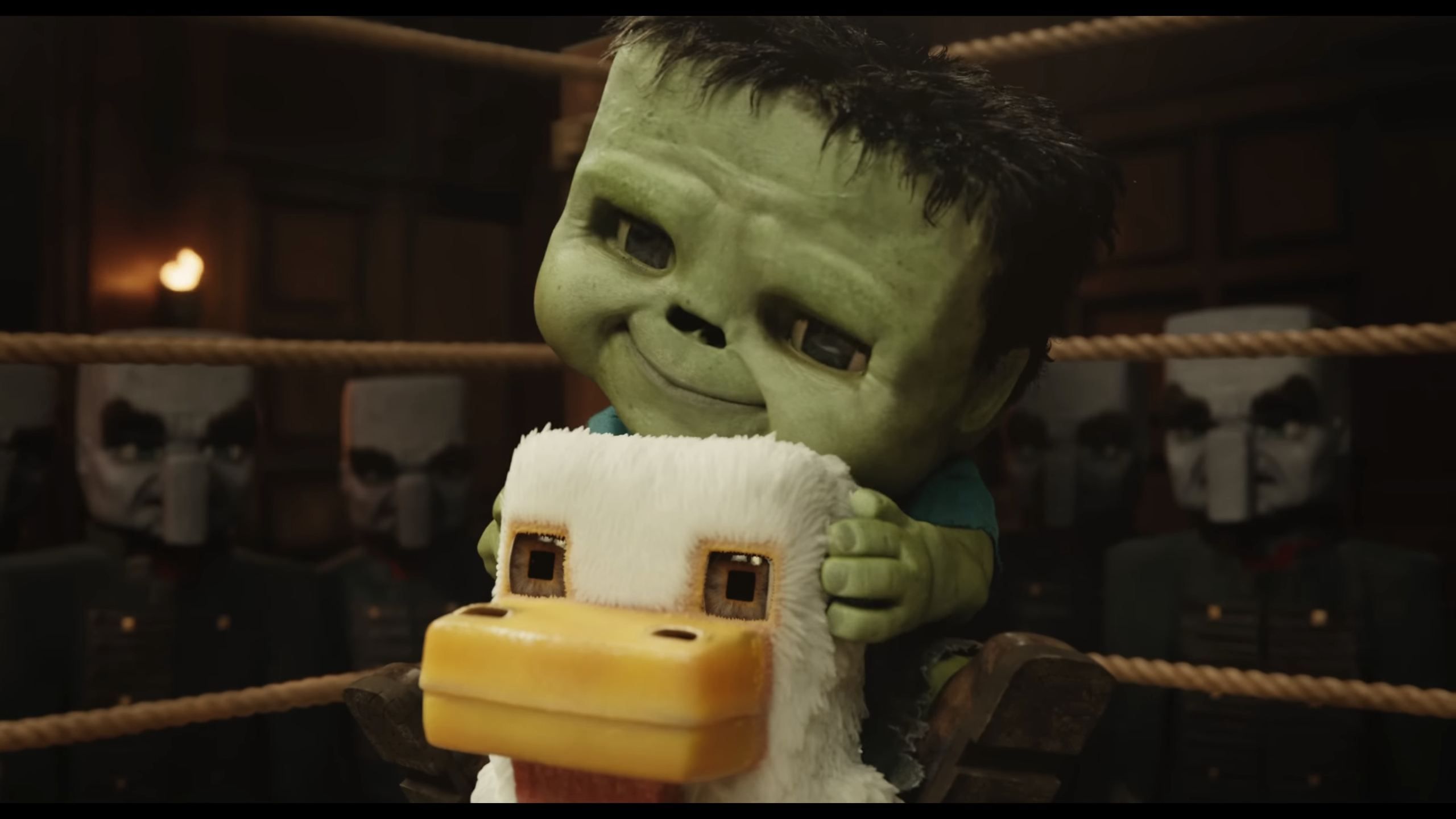 The infamous "Chicken Jockey" moment from the Minecraft movie