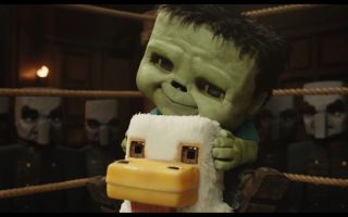 The infamous "Chicken Jockey" moment from the Minecraft movie