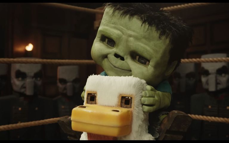 The infamous "Chicken Jockey" moment from the Minecraft movie