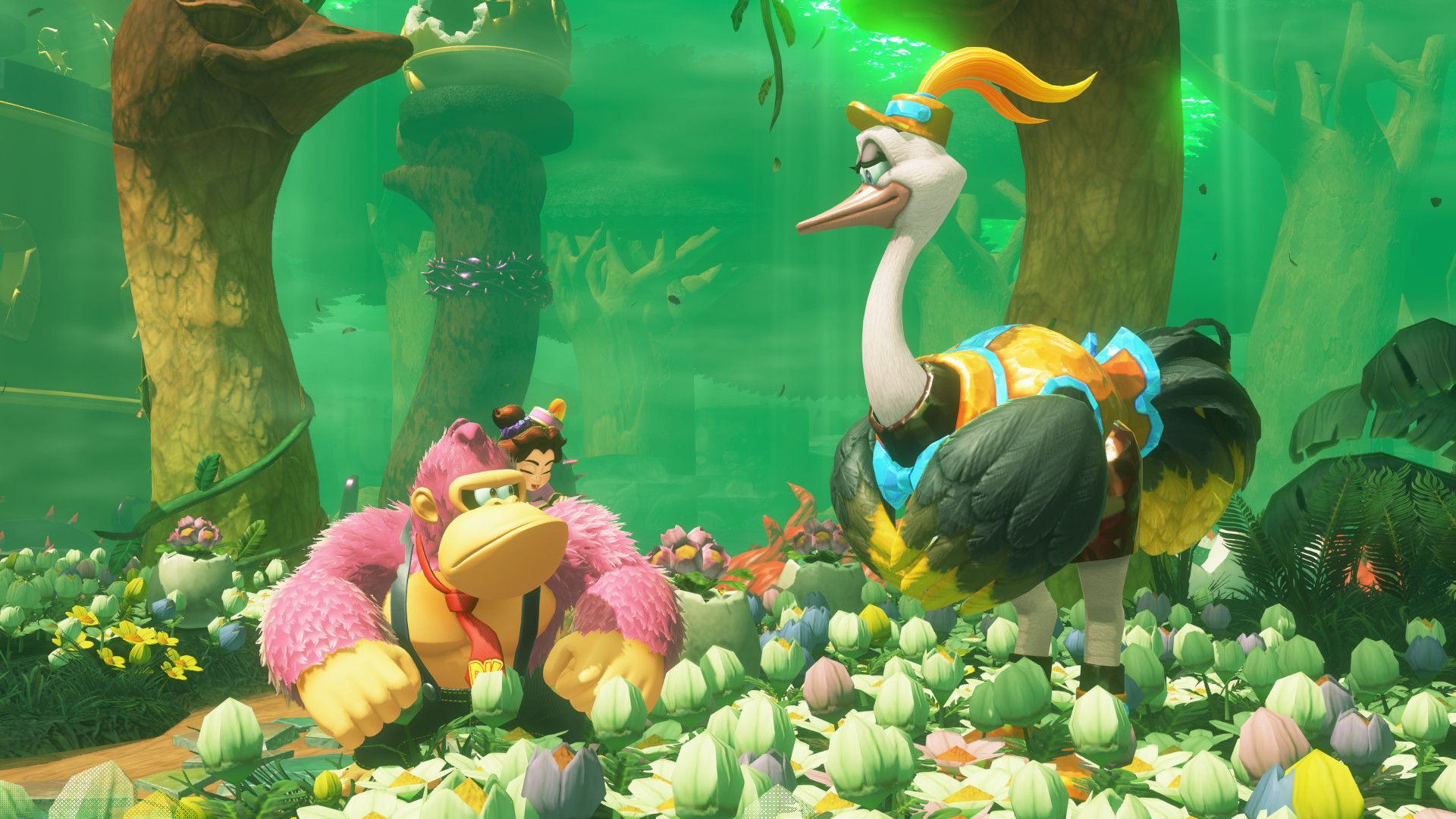 Donkey Kong looking at a bird creature in Donkey Kong Bananza