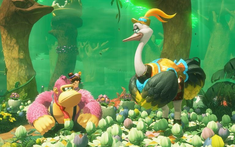 Donkey Kong looking at a bird creature in Donkey Kong Bananza