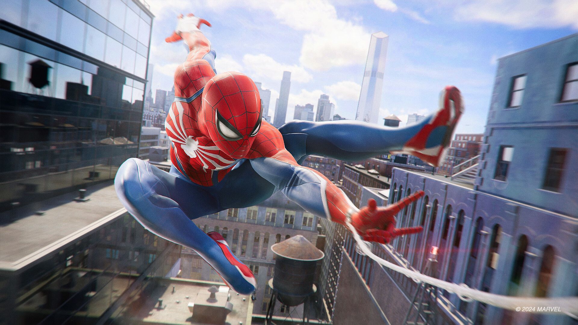 Spider-Man swinging on a web in Marvel's Spider-Man 2
