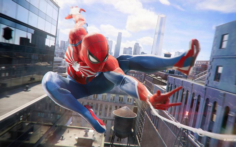 Spider-Man swinging on a web in Marvel's Spider-Man 2