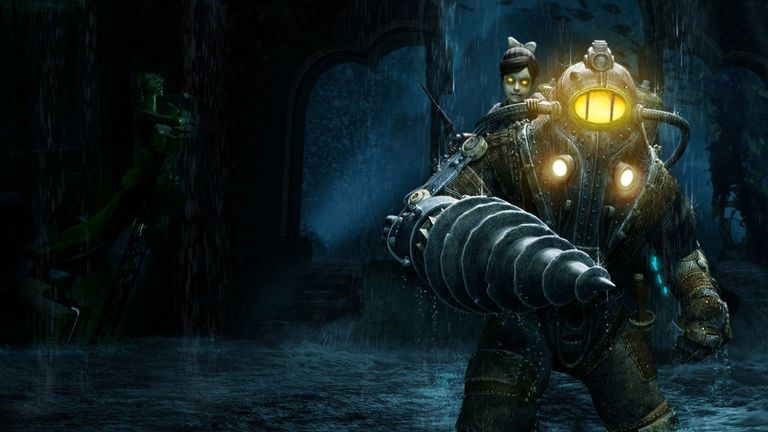 The main Big Daddy character and a Little Sister in artwork for BioShock 2