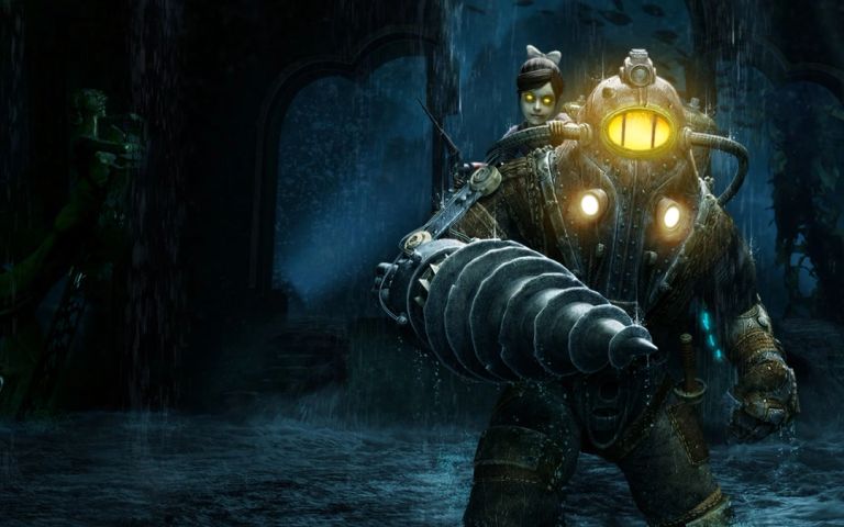 The main Big Daddy character and a Little Sister in artwork for BioShock 2