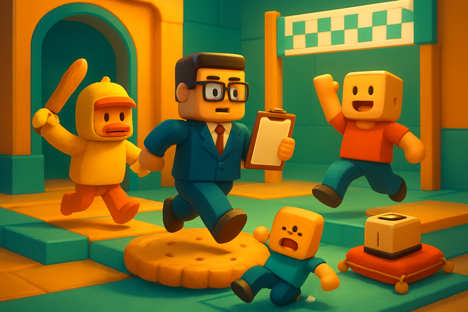 Four block-shaped gaming characters in a colourful obstacle course, including a duck holding a baguette, a manager with a clipboard and a character slipping on a giant biscuit.