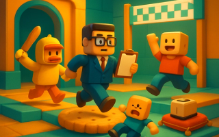Four block-shaped gaming characters in a colourful obstacle course, including a duck holding a baguette, a manager with a clipboard and a character slipping on a giant biscuit.