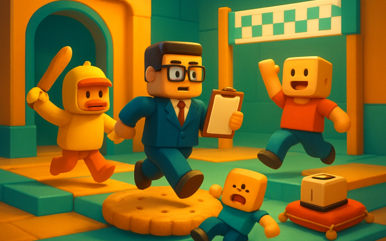 Four block-shaped gaming characters in a colourful obstacle course, including a duck holding a baguette, a manager with a clipboard and a character slipping on a giant biscuit.