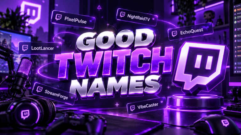 Good Twitch Names title in purple 3D lettering beside a glowing Twitch logo, with example name tags such as PixelPulse, NightRaidTV and EchoQuest on a streaming desk