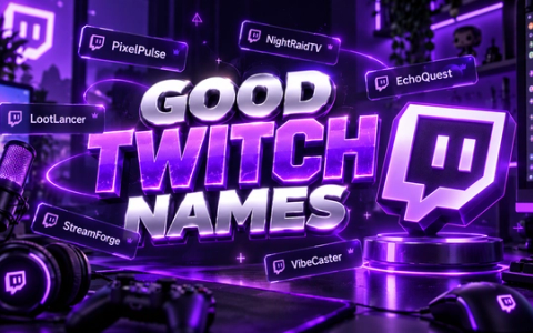 Good Twitch Names title in purple 3D lettering beside a glowing Twitch logo, with example name tags such as PixelPulse, NightRaidTV and EchoQuest on a streaming desk