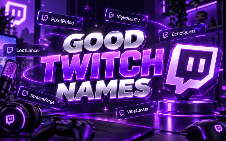 Good Twitch Names title in purple 3D lettering beside a glowing Twitch logo, with example name tags such as PixelPulse, NightRaidTV and EchoQuest on a streaming desk