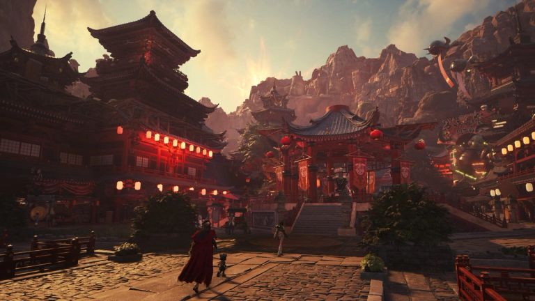 A figure looks toward a temple-lined town beneath a golden sky.