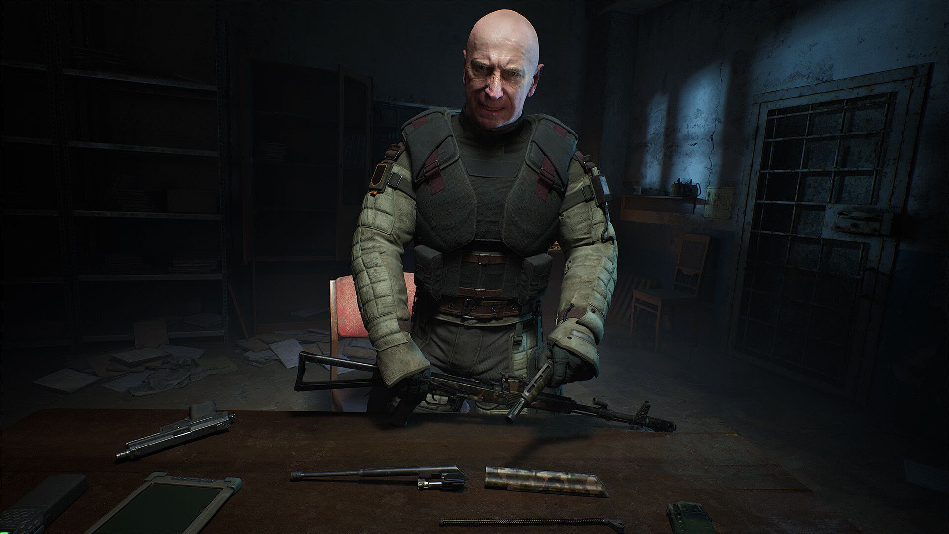 A man standing in front of a table with guns on it in Stalker 2