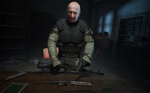 A man standing in front of a table with guns on it in Stalker 2