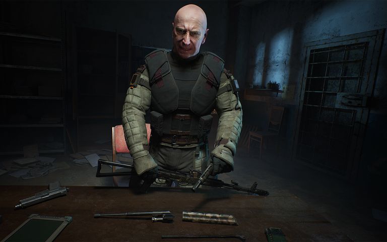 A man standing in front of a table with guns on it in Stalker 2