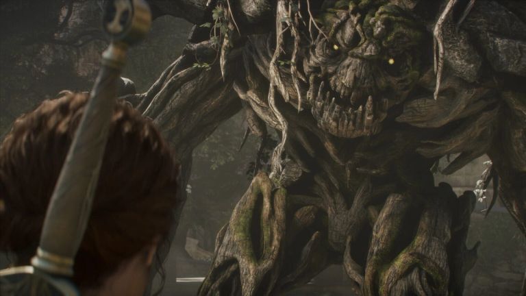Fable: A woman with a sword faces a huge root-covered creature in a forest.
