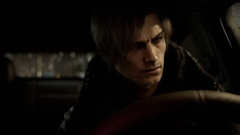 Resident Evil Requiem: Leon S. Kennedy behind a car's steering wheel.