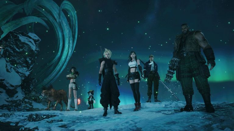A party of characters stands together in a blue-lit icy landscape.