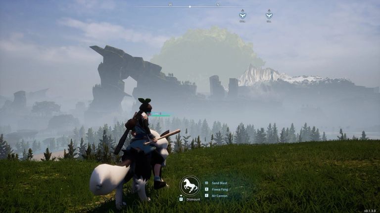 Palworld: A player rides a white mount above a misty forest with cliffs and snowy mountains in the distance.