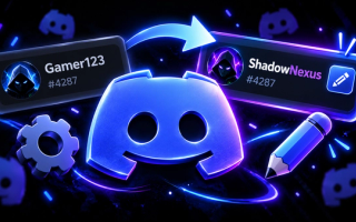 Discord profile card renamed from Gamer123 to ShadowNexus, with an arrow, a pencil and a settings cog around a glowing Discord logo