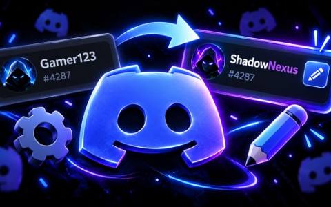 Discord profile card renamed from Gamer123 to ShadowNexus, with an arrow, a pencil and a settings cog around a glowing Discord logo