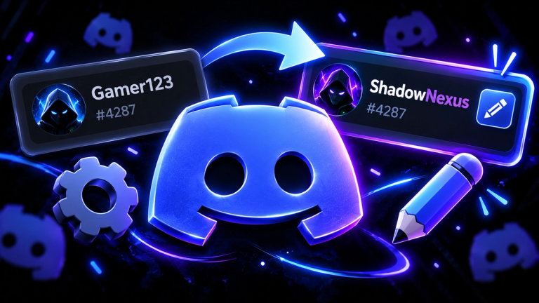 Discord profile card renamed from Gamer123 to ShadowNexus, with an arrow, a pencil and a settings cog around a glowing Discord logo