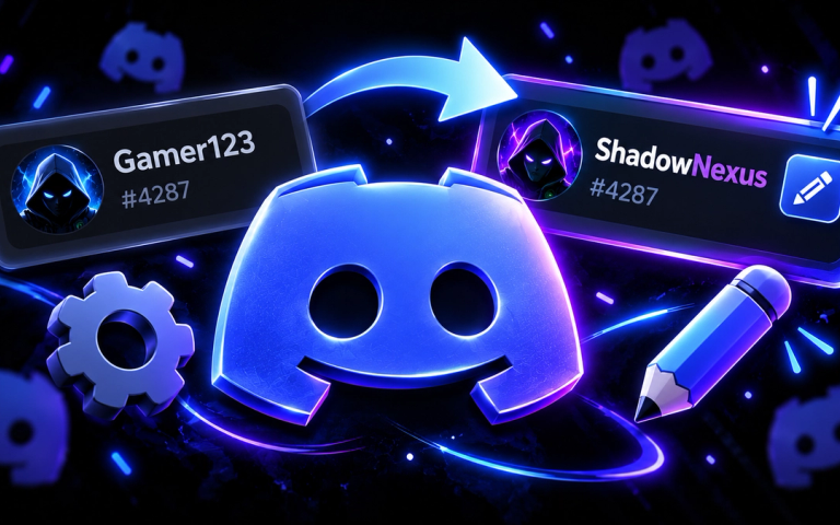 Discord profile card renamed from Gamer123 to ShadowNexus, with an arrow, a pencil and a settings cog around a glowing Discord logo