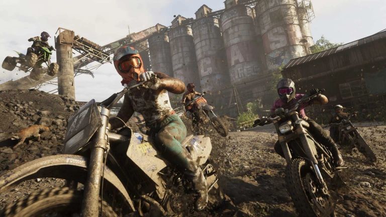 Grand Theft Auto VI: Dirt bike riders kick up mud in an industrial yard with grain silos.