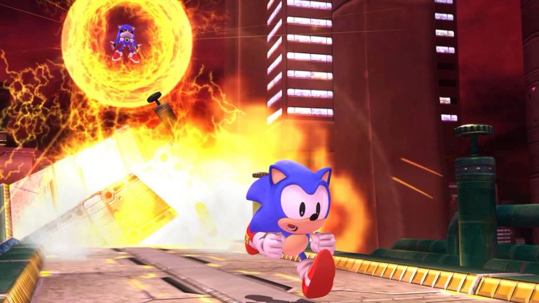 Sonic sprinting away from Metal Sonic in Sonic x Shadow: Generations