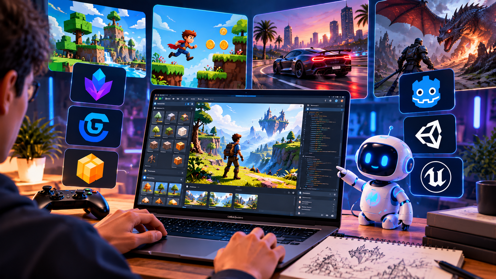 Illustration of a developer using an AI game creation tool, with generated game scenes and game engine icons on surrounding screens