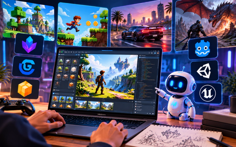 Illustration of a developer using an AI game creation tool, with generated game scenes and game engine icons on surrounding screens