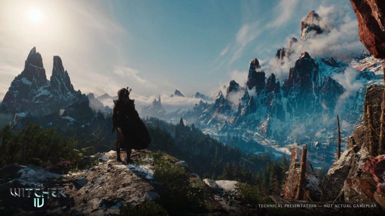 The Witcher IV: A cloaked figure overlooks a valley and snow-covered mountain peaks.