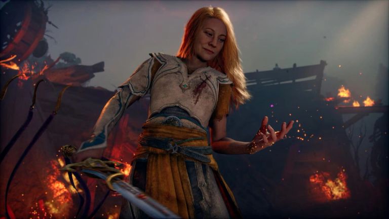 God of War Laufey: A red-haired woman stands among burning ruins with one hand extended.