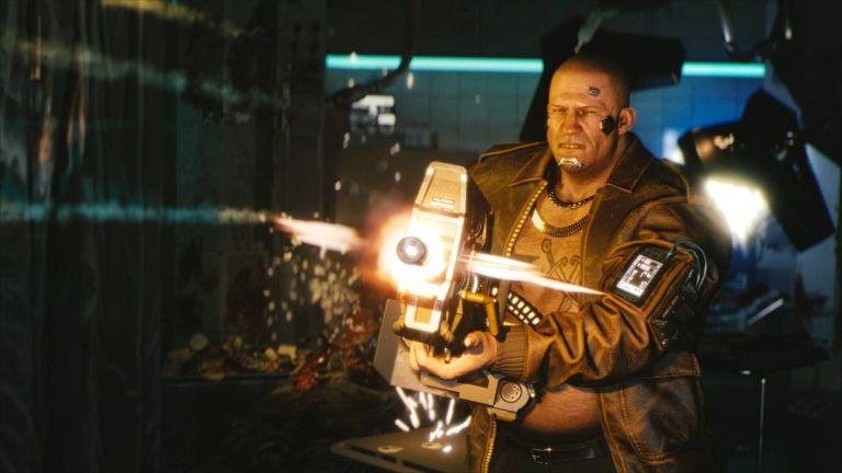 An armed character in a rugged jacket aims a weapon inside a lit room.