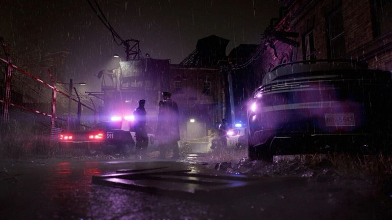 Resident Evil Requiem: Police officers and patrol cars in a rainy street at night.