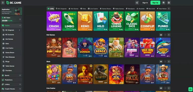 The BC.Game casino lobby showing provably fair original games such as Crash, Limbo, Keno, Hilo and Plinko