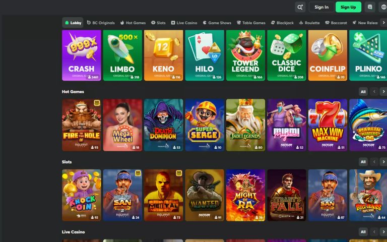 The BC.Game casino lobby showing provably fair original games such as Crash, Limbo, Keno, Hilo and Plinko
