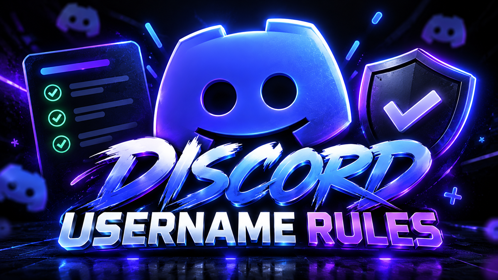 Discord Username Rules title beneath a glowing Discord logo, with a checklist and a shield with a tick
