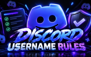 Discord Username Rules title beneath a glowing Discord logo, with a checklist and a shield with a tick