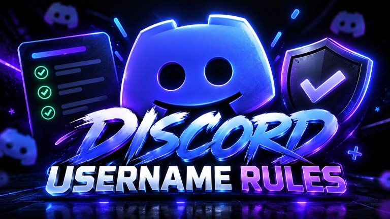 Discord Username Rules title beneath a glowing Discord logo, with a checklist and a shield with a tick