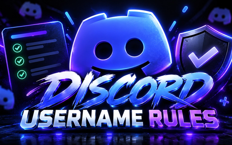 Discord Username Rules title beneath a glowing Discord logo, with a checklist and a shield with a tick