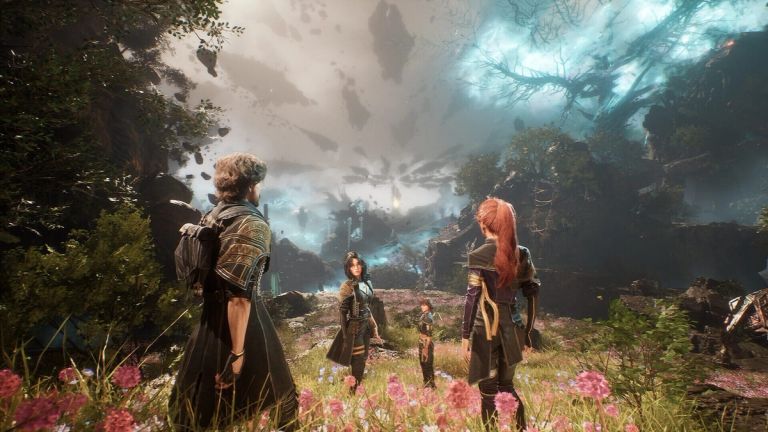 Clair Obscur: Expedition 33 — Four adventurers stand in a flower-filled clearing beneath floating rocks.