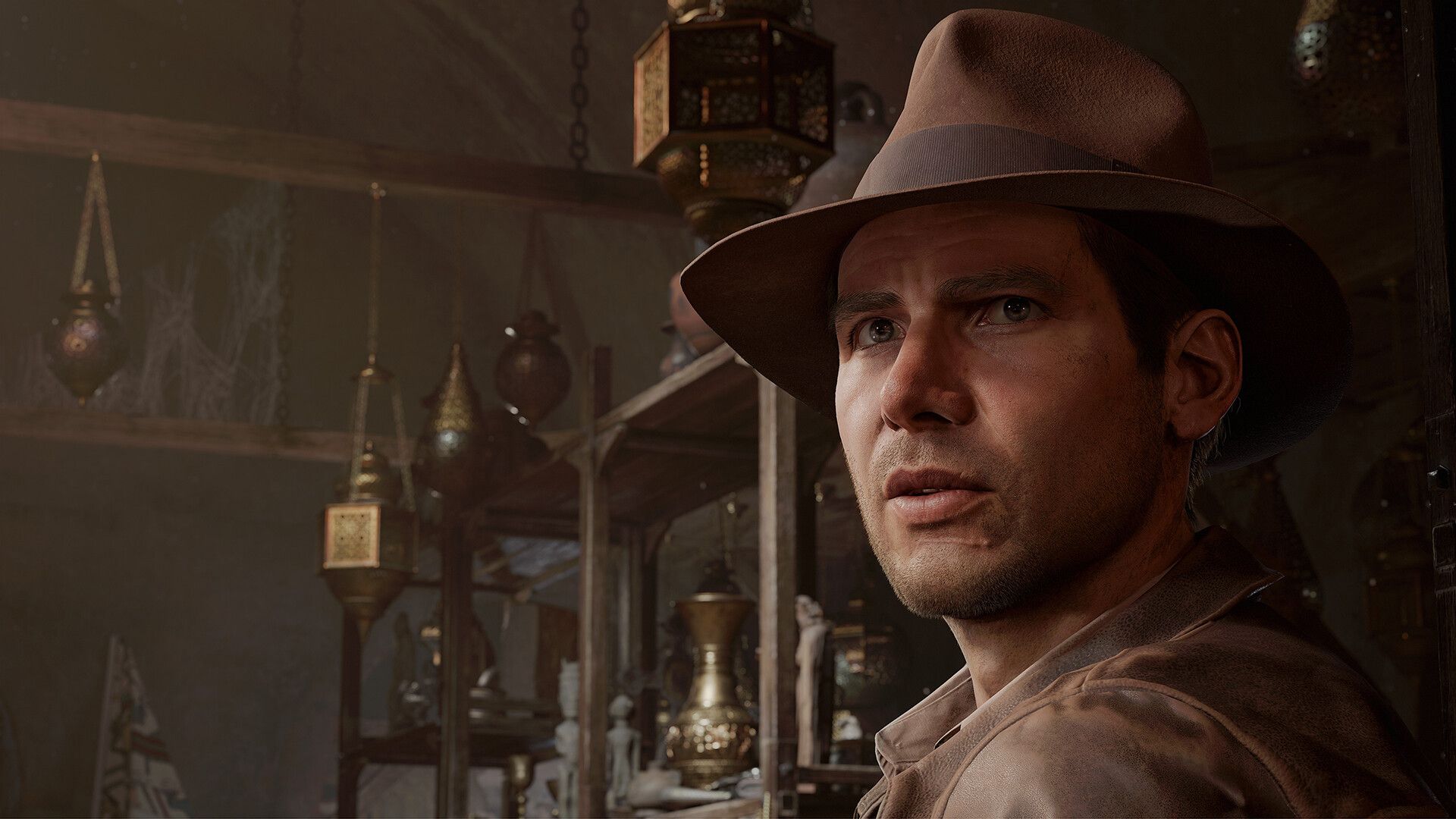Indy looking over his shoulder in Indiana Jones and the Great Circle