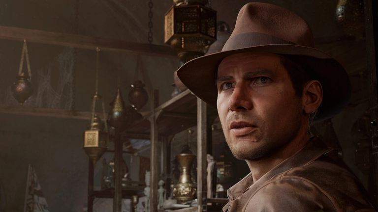 Indy looking over his shoulder in Indiana Jones and the Great Circle
